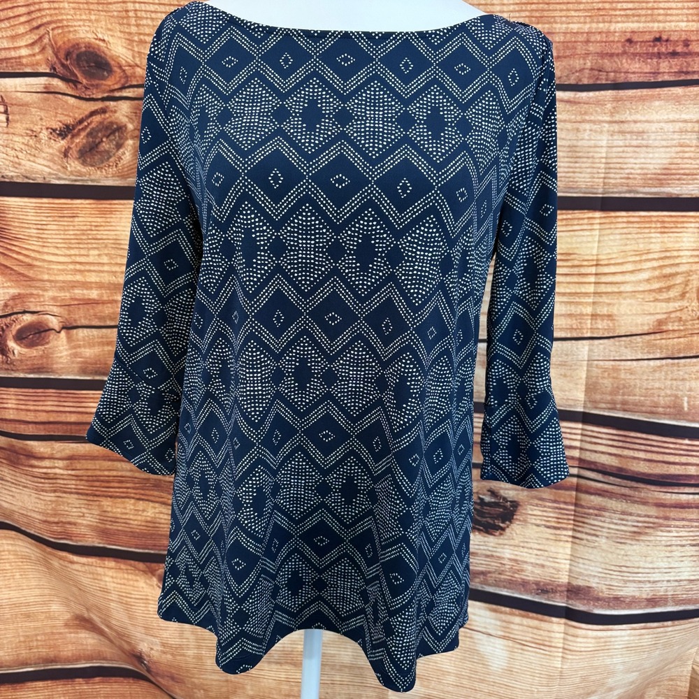 Banana Republic Womens Navy Chevron Dot 3/4 Ruffle Sleeve Boho Top Size M